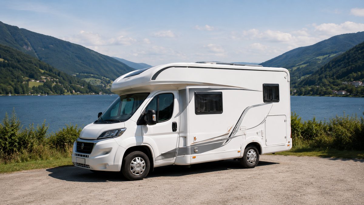 Weißes Wohnmobil steht an einem See